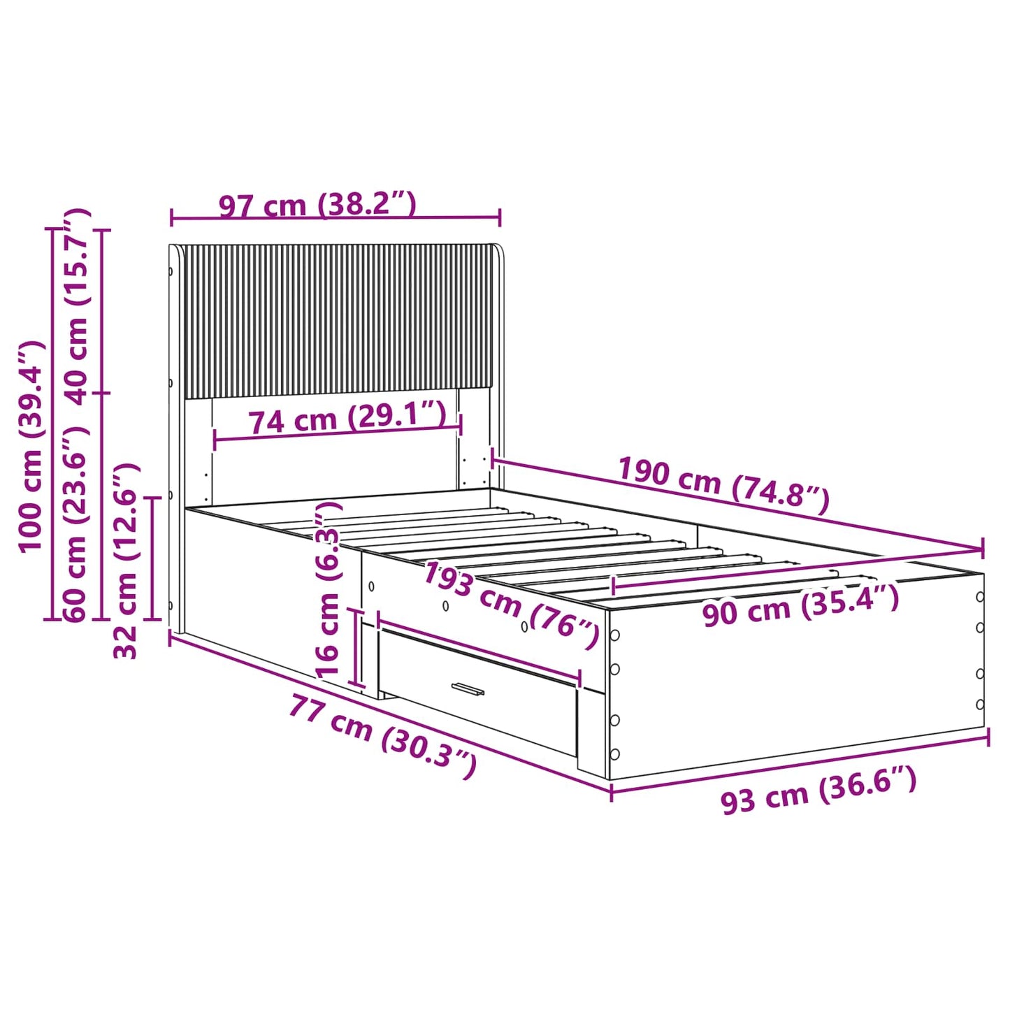 Bed Frame with Storage and Headboard Artisan Oak 90 x 190 cm