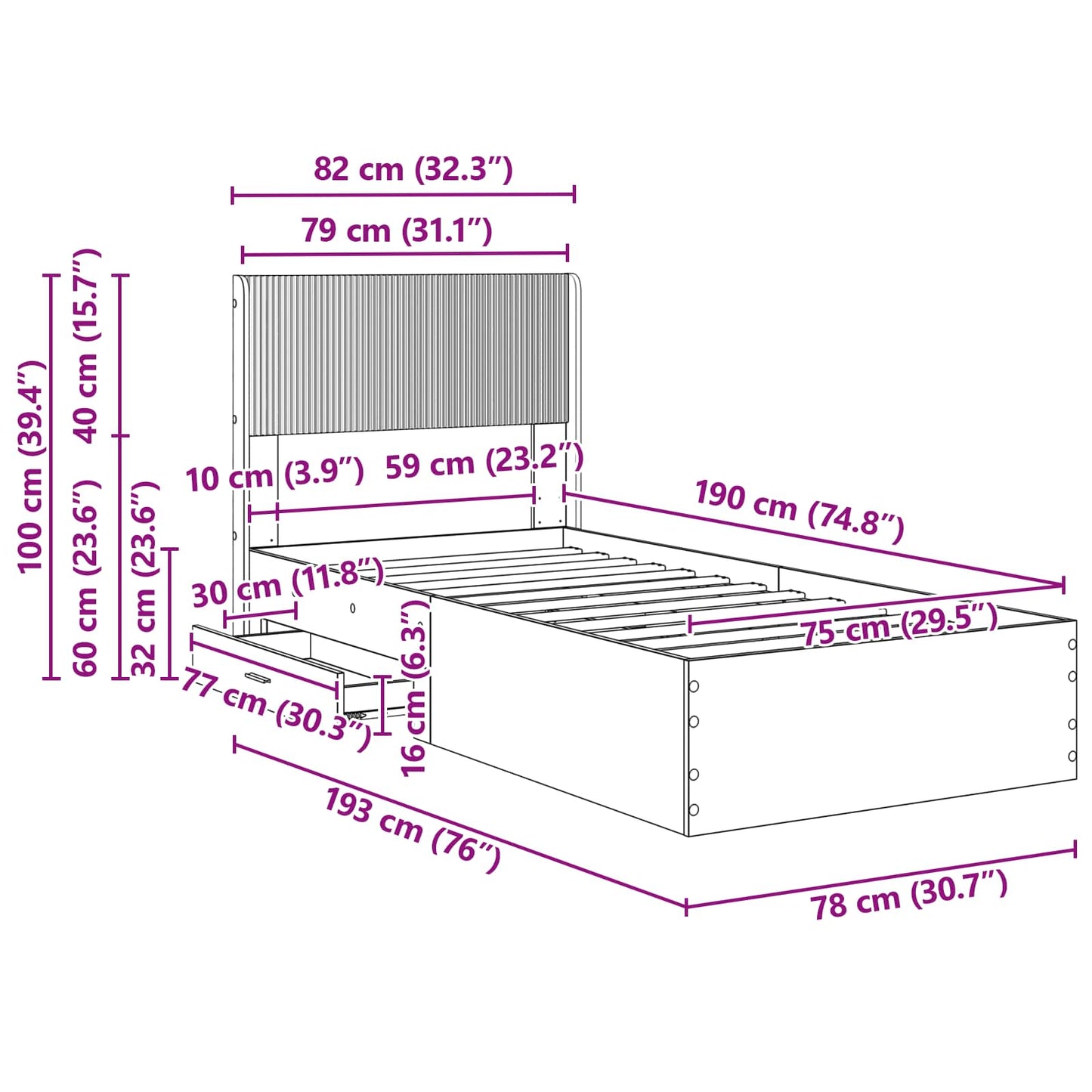 Bed Frame with Storage and Headboard Concrete Grey 75 x 190 cm