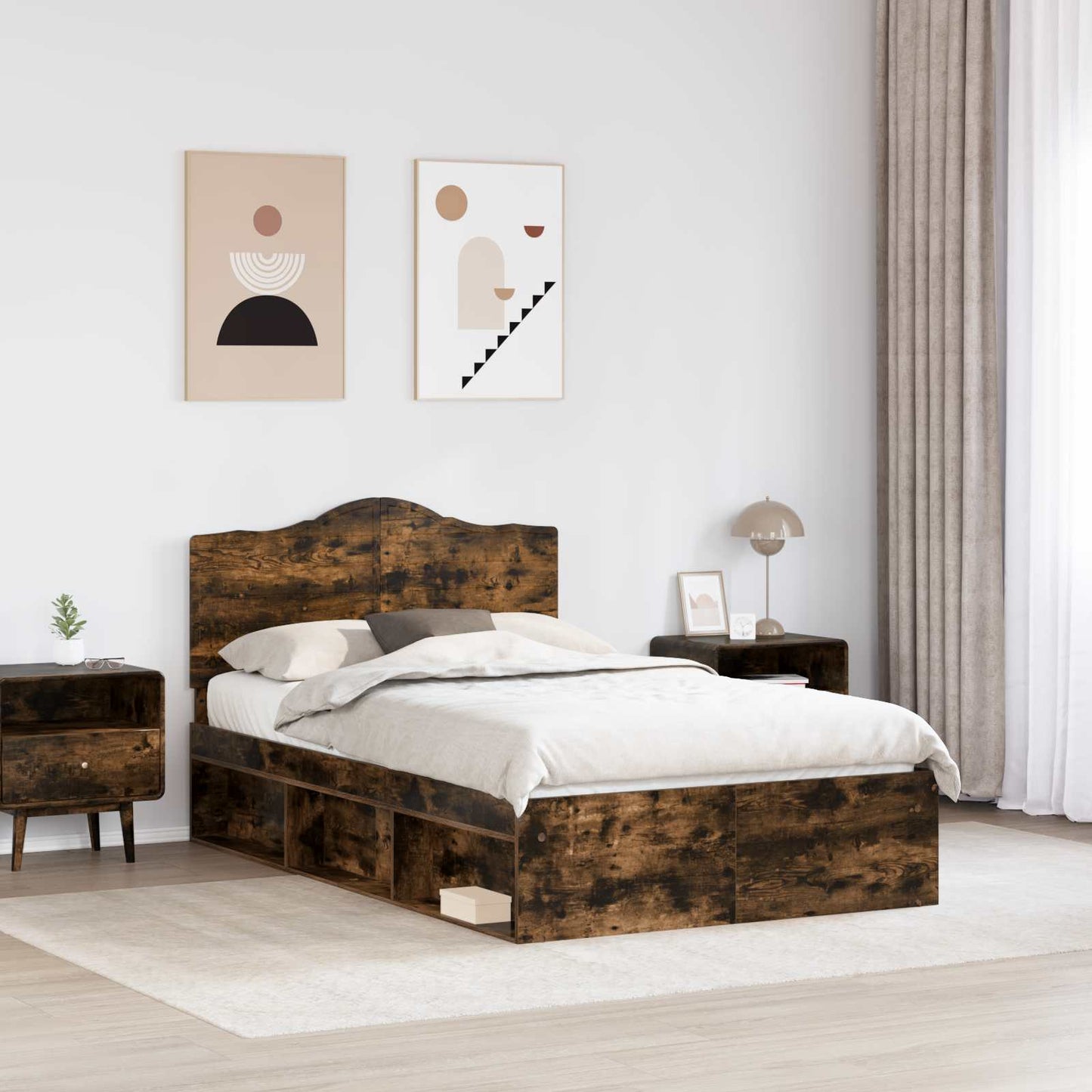 Bed Frame Smoked Oak 135 x 190 cm Solid Pine Wood