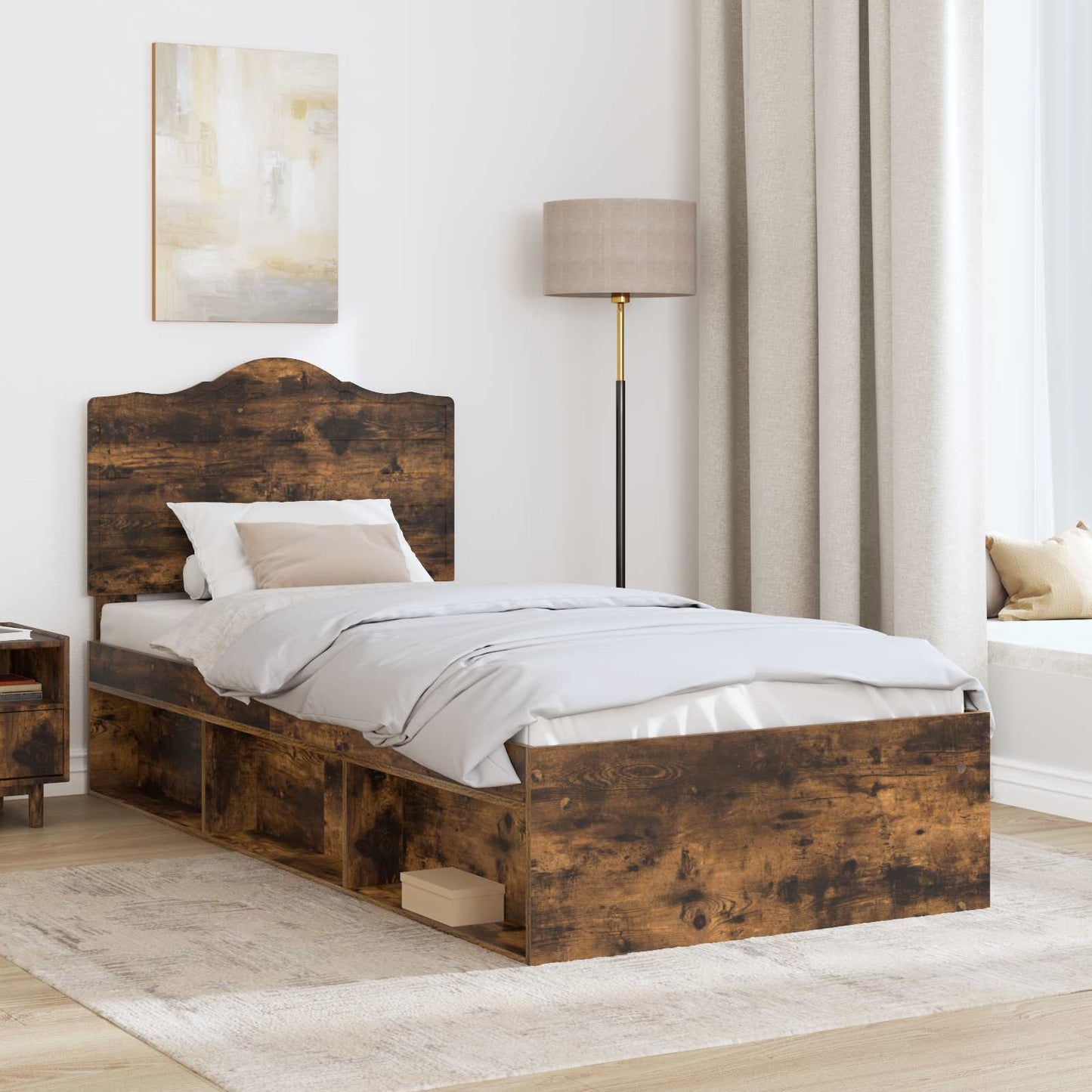 Bed Frame with Headboard Smoked Oak 90 x 190 cm Solid Pine Wood