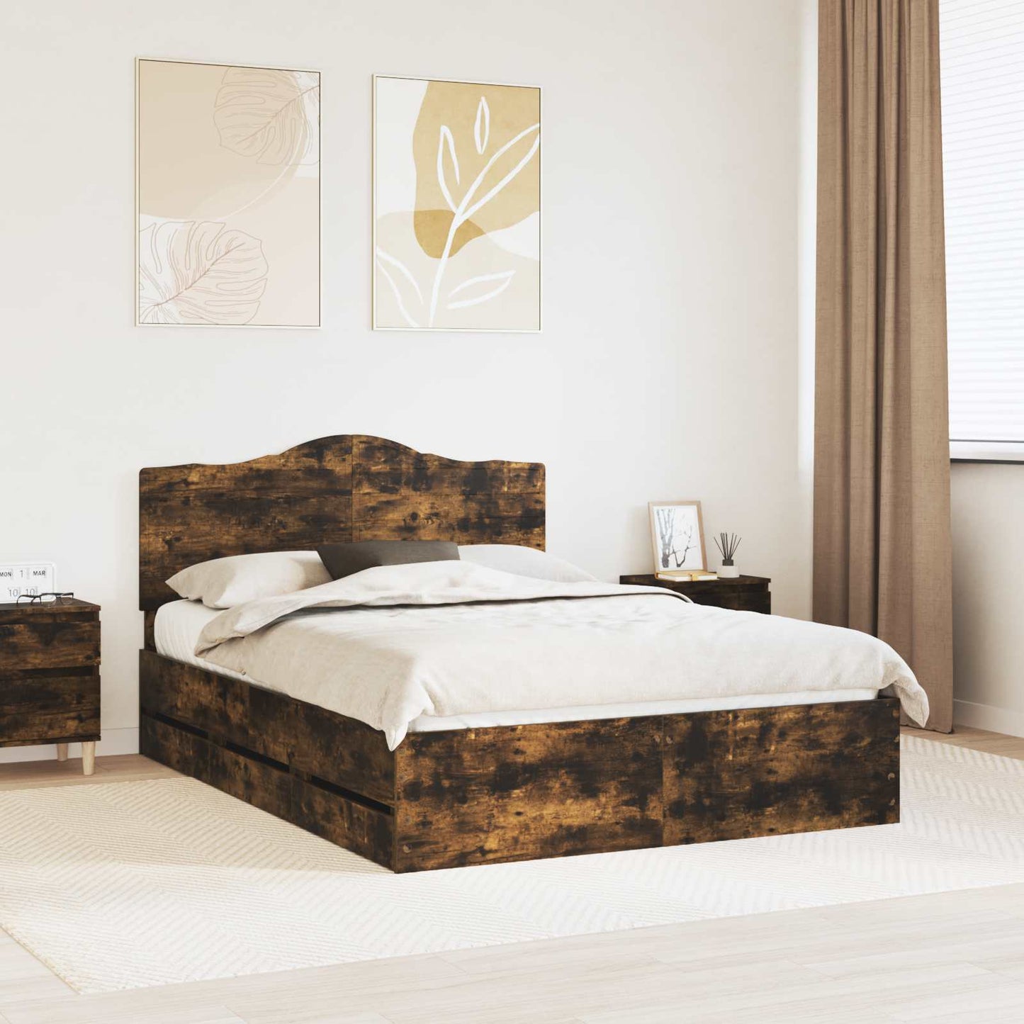 Bed Frame with Drawer Smoked Oak 140 x 200 cm Engineer Wood