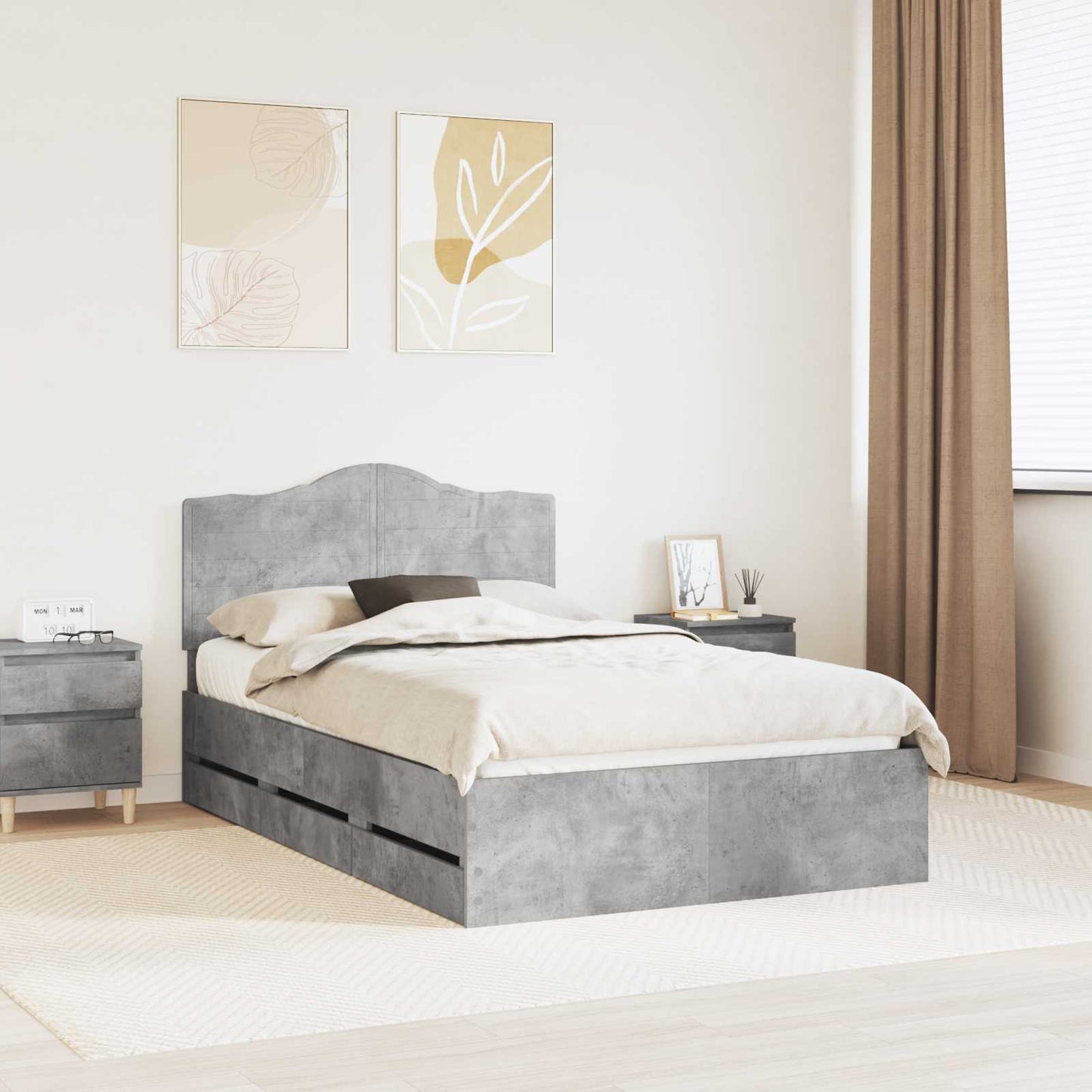 Bed Frame with Drawer Concrete Grey 135 x 190 cm Engineer Wood