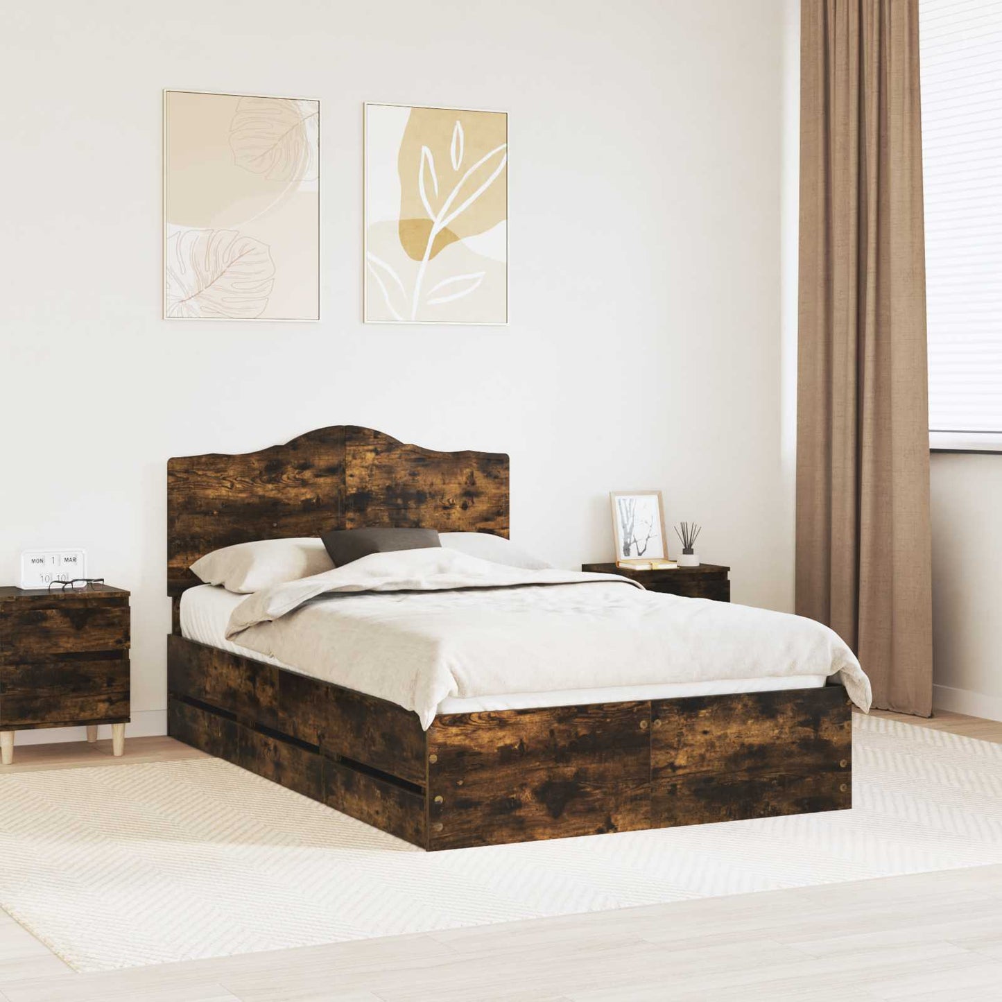 Bed Frame with Drawer Smoked Oak 120 x 200 cm Engineer Wood