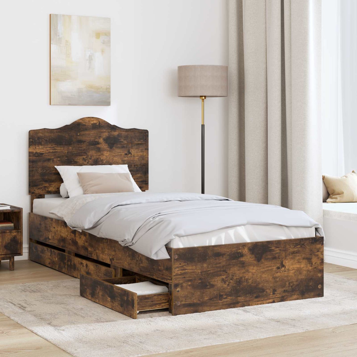 Bed Frame with Drawer Smoked Oak 75 x 190 cm Engineer Wood