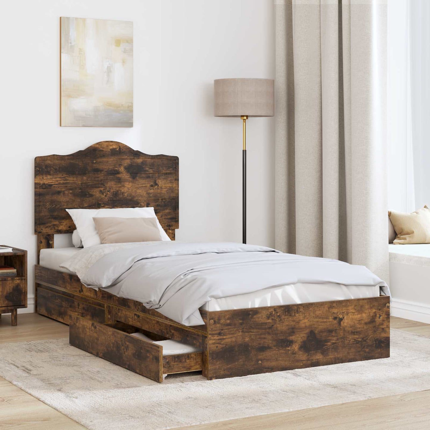Storage Bed with Drawer Smoked Oak 90 x 200 cm Engineered Wood