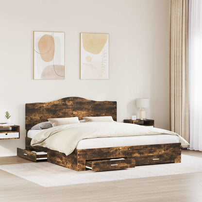 Bed Frame with Drawer Smoked Oak 200 x 200 cm Engineered Wood