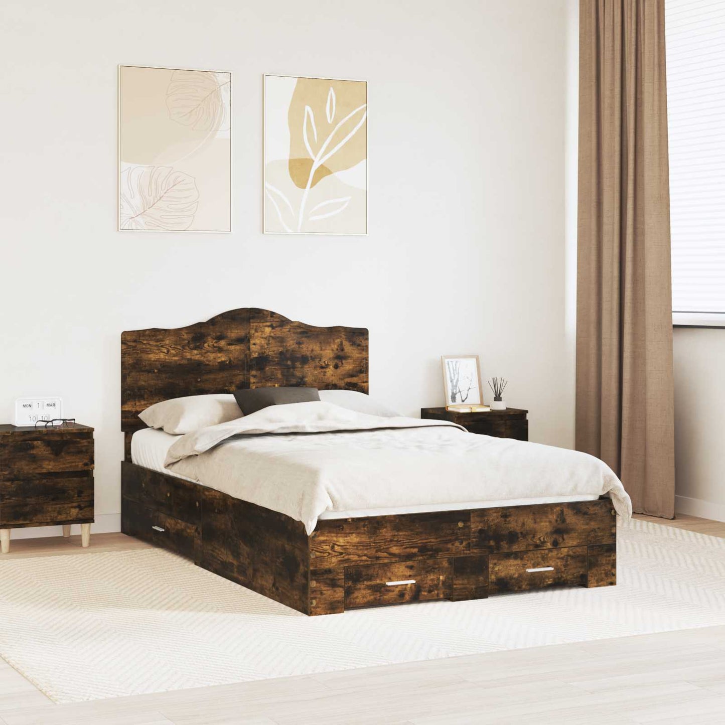 Bed Frame with Drawer Smoked Oak 120 x 190 cm Engineered Wood