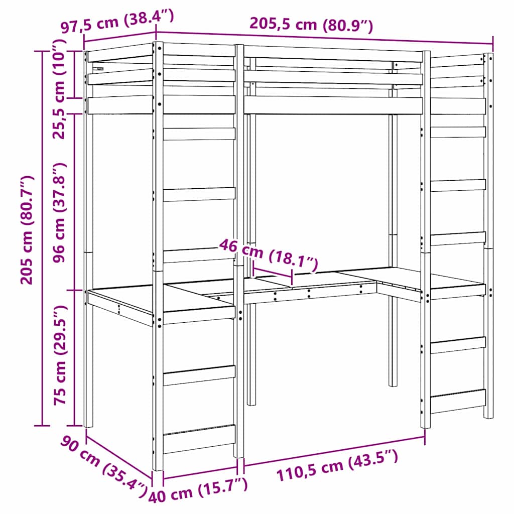 Loft Bed Frame White 90 x 200 cm Solid Pine Wood