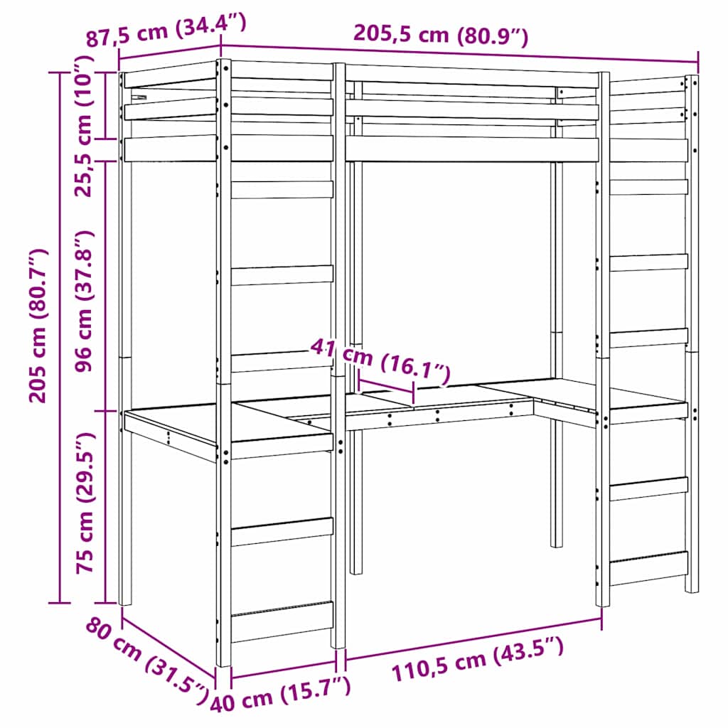 Loft Bed Frame White 80 x 200 cm Solid Pine Wood
