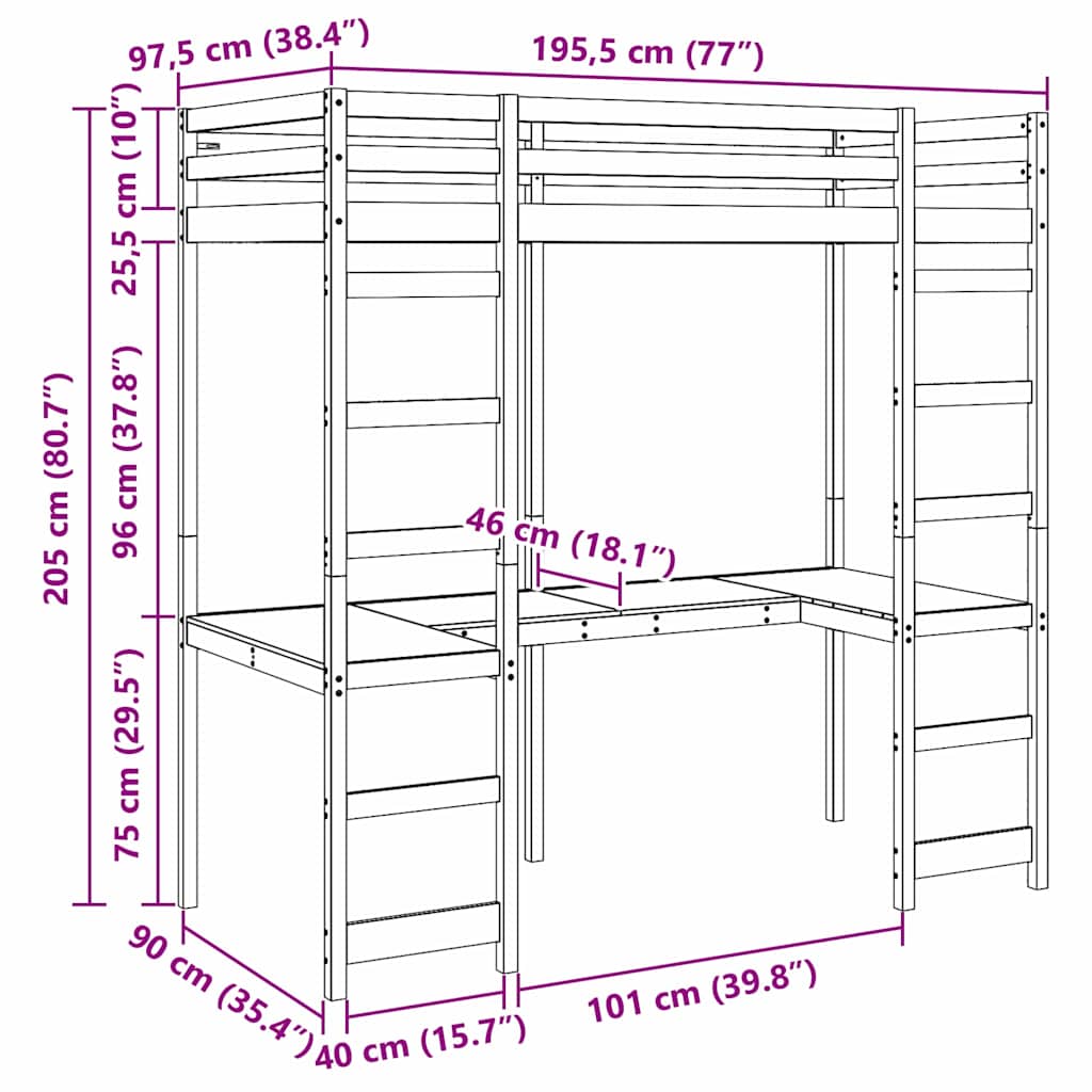 Loft Bed Frame Natural 90 x 190 cm Solid Pine Wood