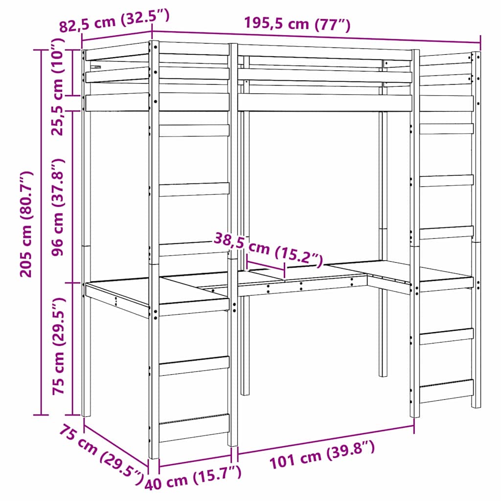 Loft Bed Frame White 75 x 190 cm Solid Pine Wood