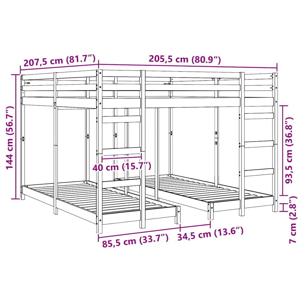 Triple Bunk Bed Frame White 200 x 200 cm Solid Pine Wood