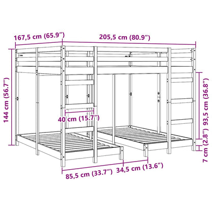 Triple Bunk Bed Frame Wax brown 160 x 200 cm Solid Pine Wood