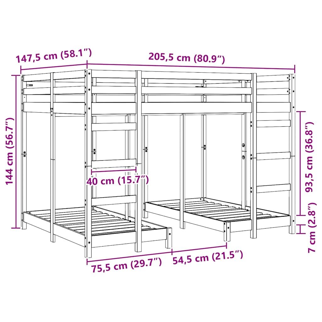 Triple Bunk Bed Frame White 140 x 200 cm Solid Pine Wood