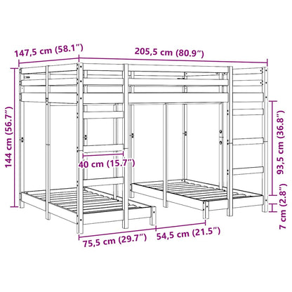Triple Bunk Bed Frame White 140 x 200 cm Solid Pine Wood