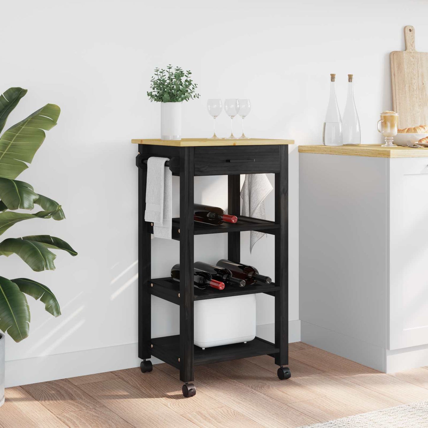 Kitchen Trolley MONZA Black 48 x 40 x 88.5 cm Solid Pine Wood