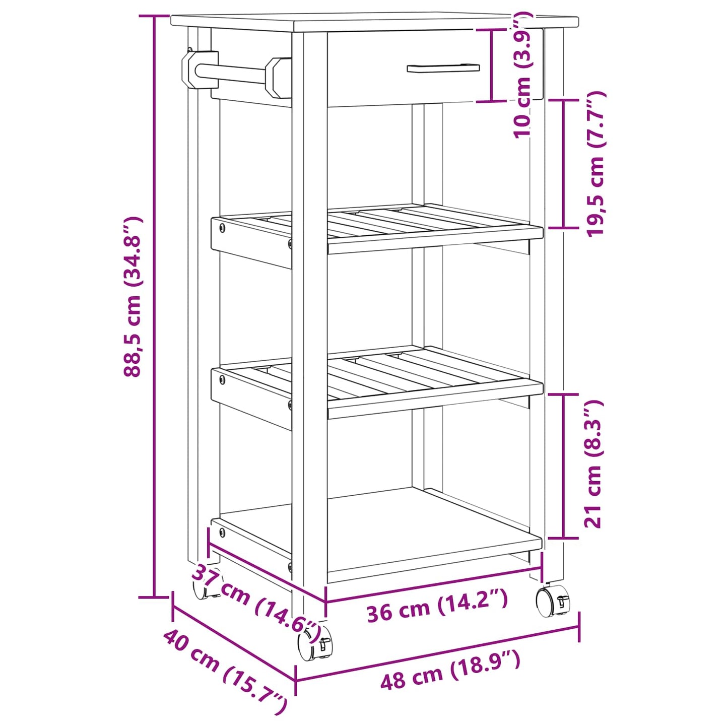 Kitchen Trolley MONZA Black 48 x 40 x 88.5 cm Solid Pine Wood
