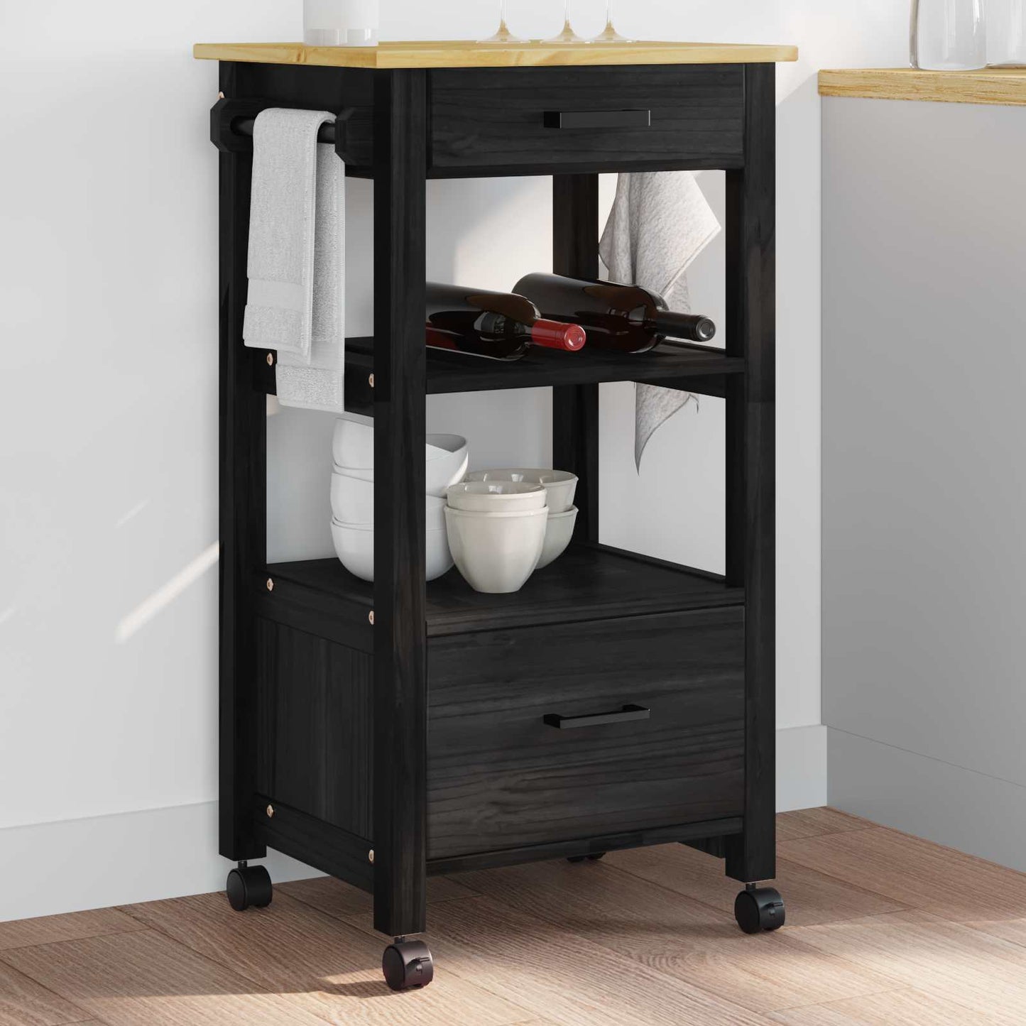 Kitchen Trolley MONZA Black 48 x 40 x 88.5 cm Solid Pine Wood