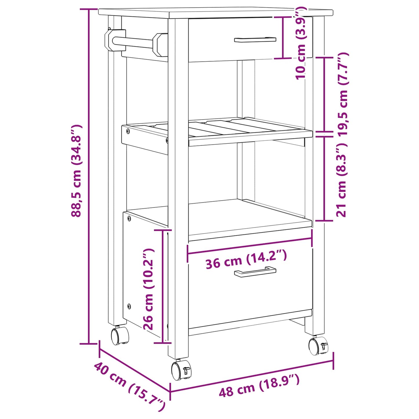 Kitchen Trolley MONZA Black 48 x 40 x 88.5 cm Solid Pine Wood