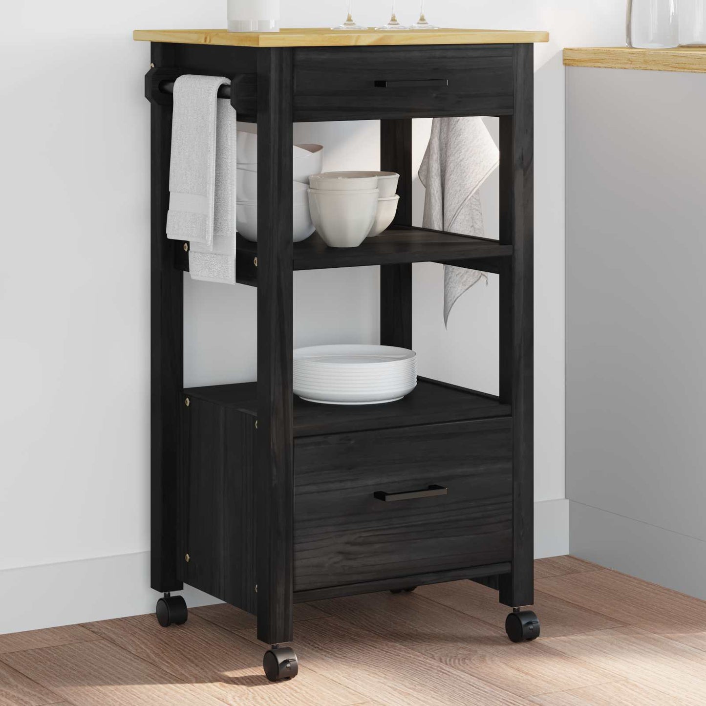 Kitchen Trolley MONZA Black 48 x 40 x 88.5 cm Solid Pine Wood