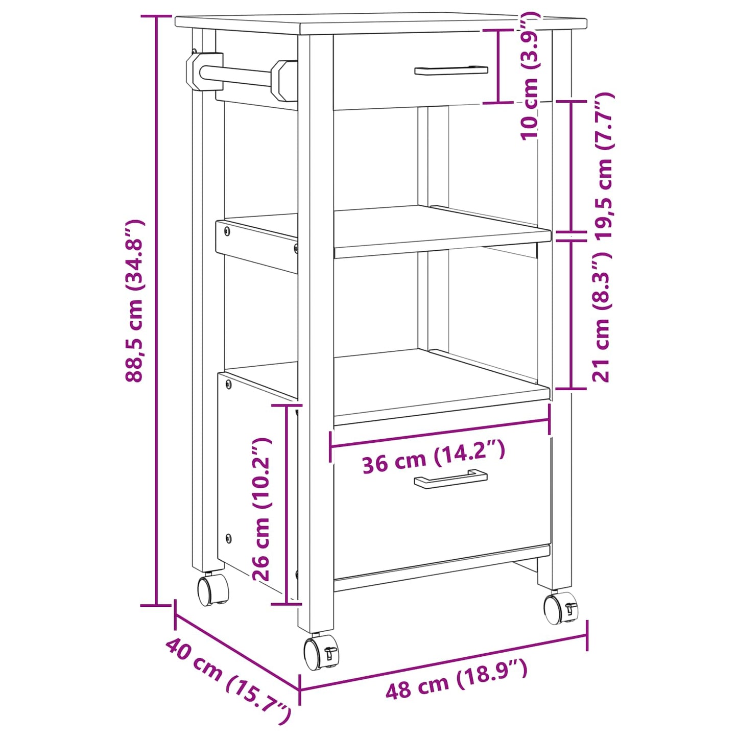Kitchen Trolley MONZA Black 48 x 40 x 88.5 cm Solid Pine Wood