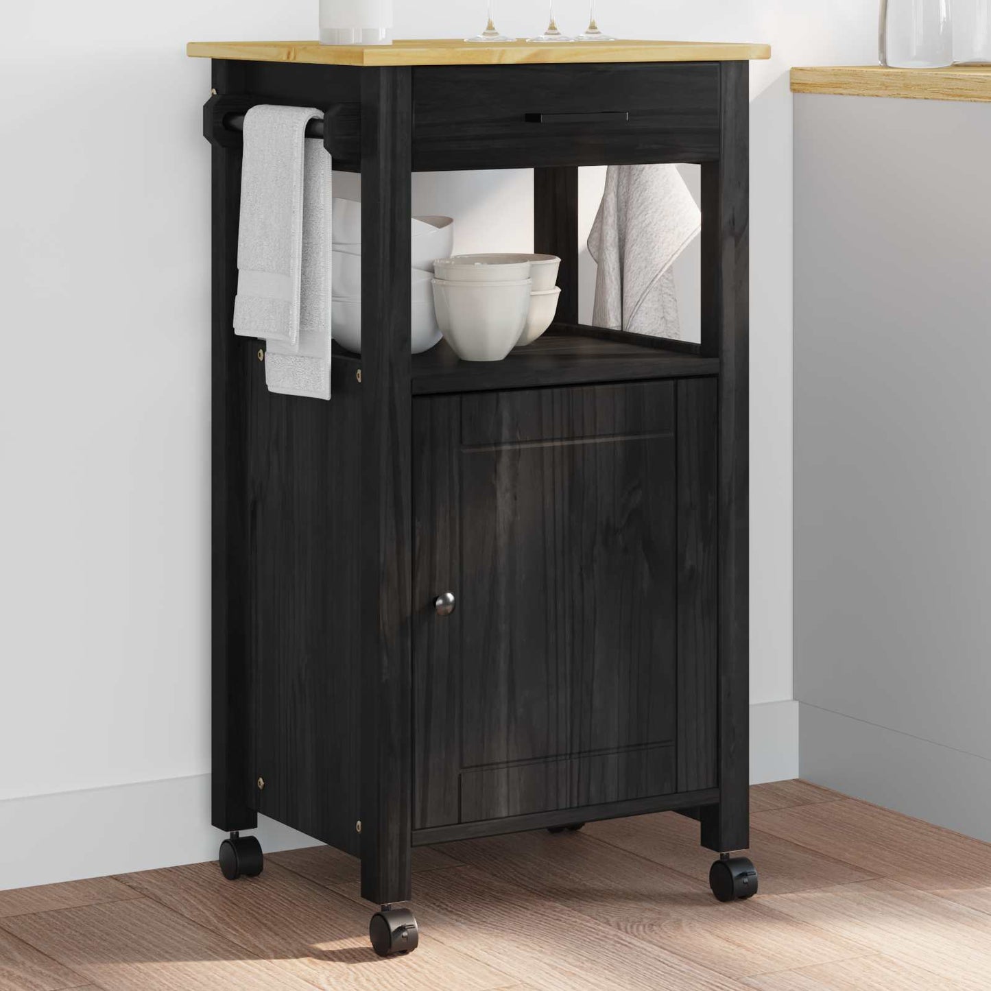 Kitchen Trolley MONZA Black 48 x 40 x 88.5 cm Solid Pine Wood
