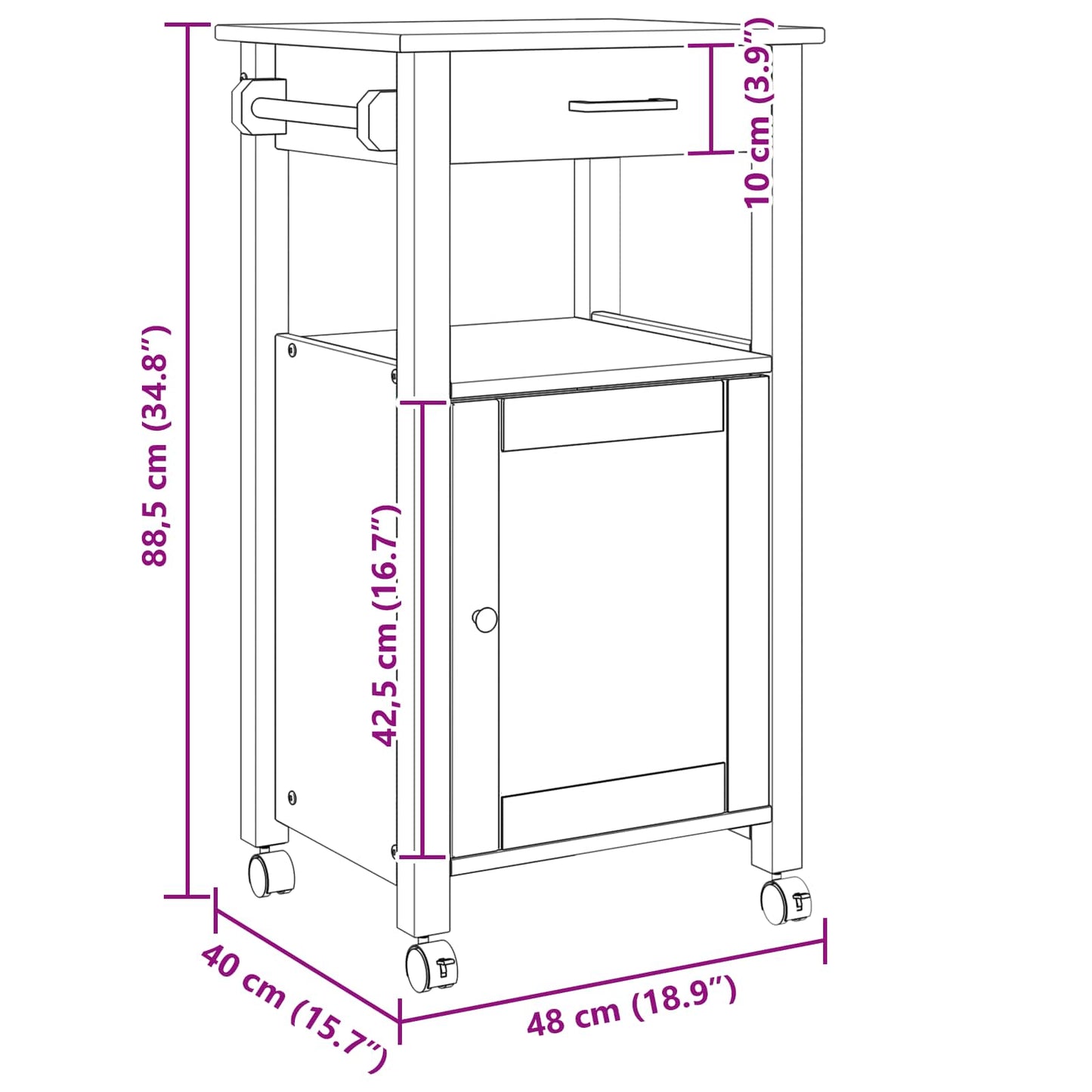 Kitchen Trolley MONZA Black 48 x 40 x 88.5 cm Solid Pine Wood