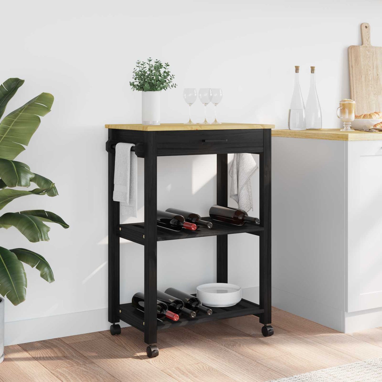 Kitchen Trolley MONZA Black 60 x 40 x 88.5 cm Solid Pine Wood