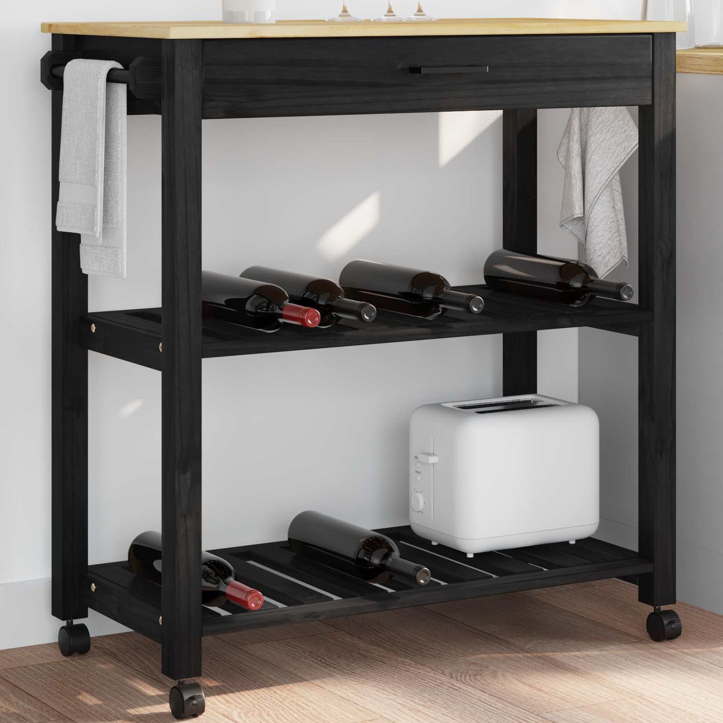 Kitchen Trolley MONZA Black 84 x 40 x 88.5 cm Solid Pine Wood