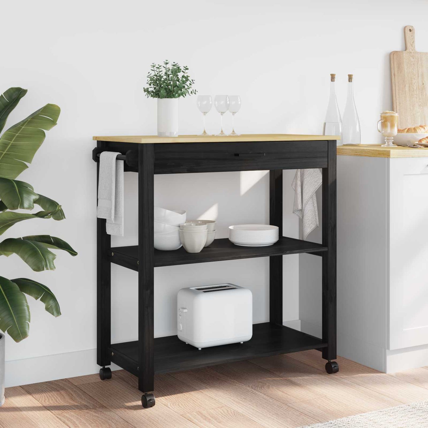 Kitchen Trolley MONZA Black 84 x 40 x 88.5 cm Solid Pine Wood