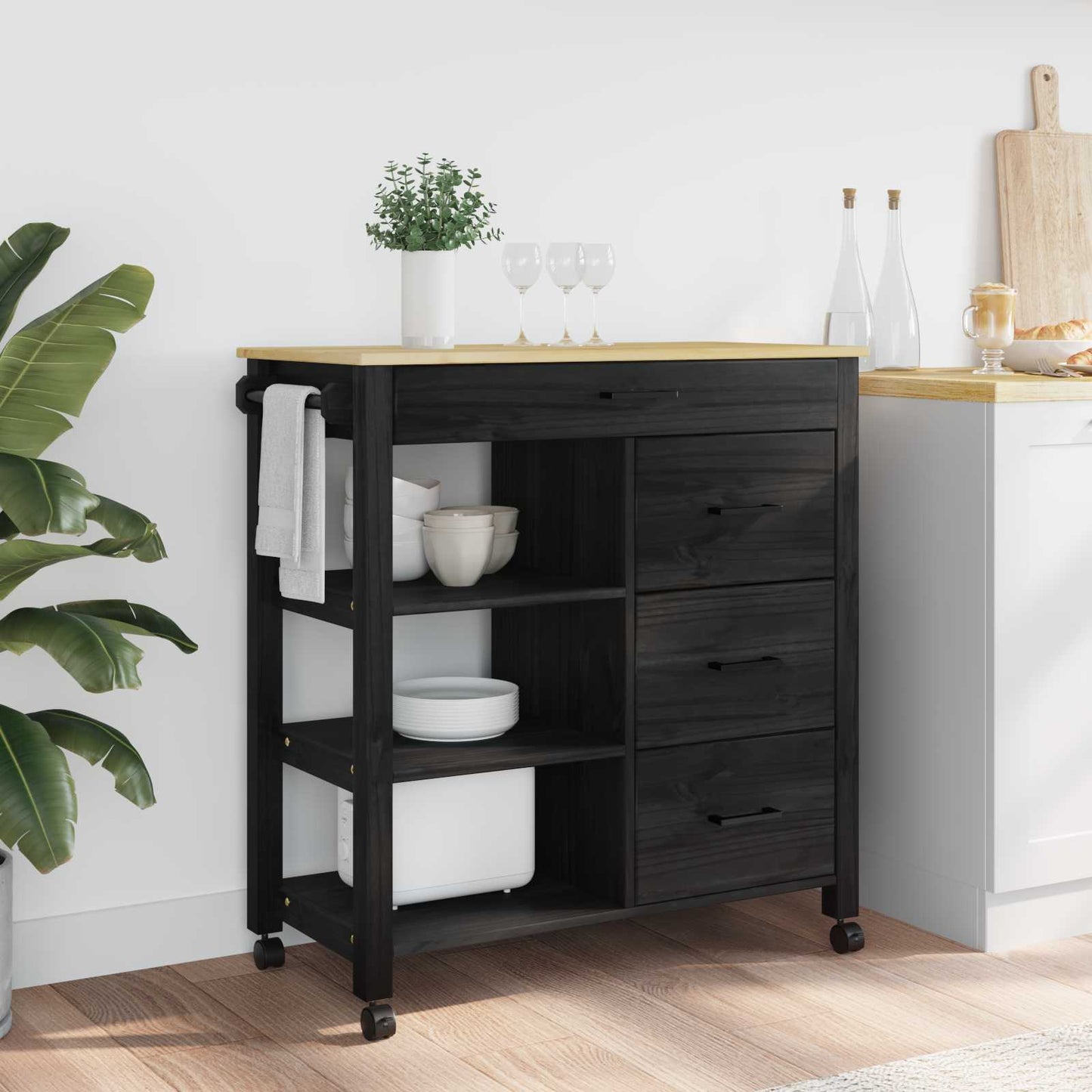 Kitchen Trolley MONZA Black 84 x 40 x 88.5 cm Solid Pine Wood