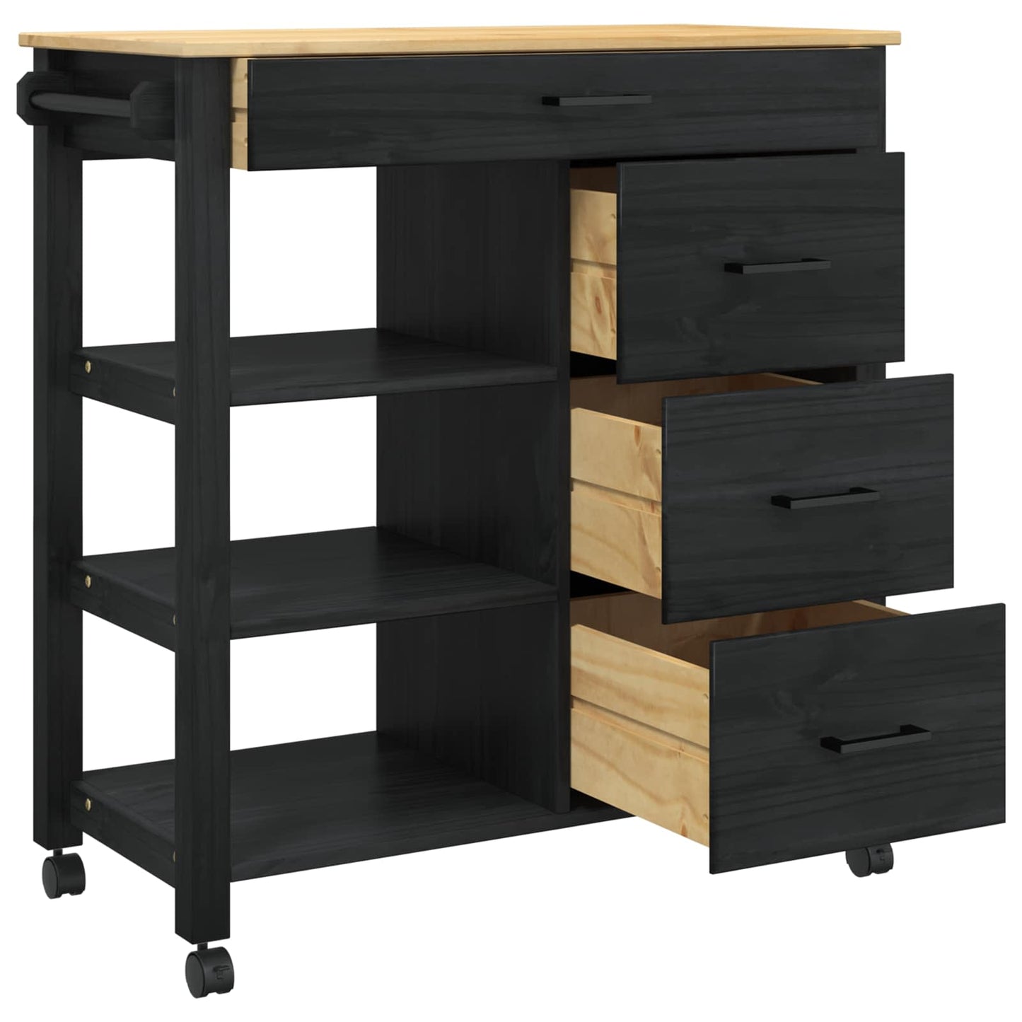Kitchen Trolley MONZA Black 84 x 40 x 88.5 cm Solid Pine Wood