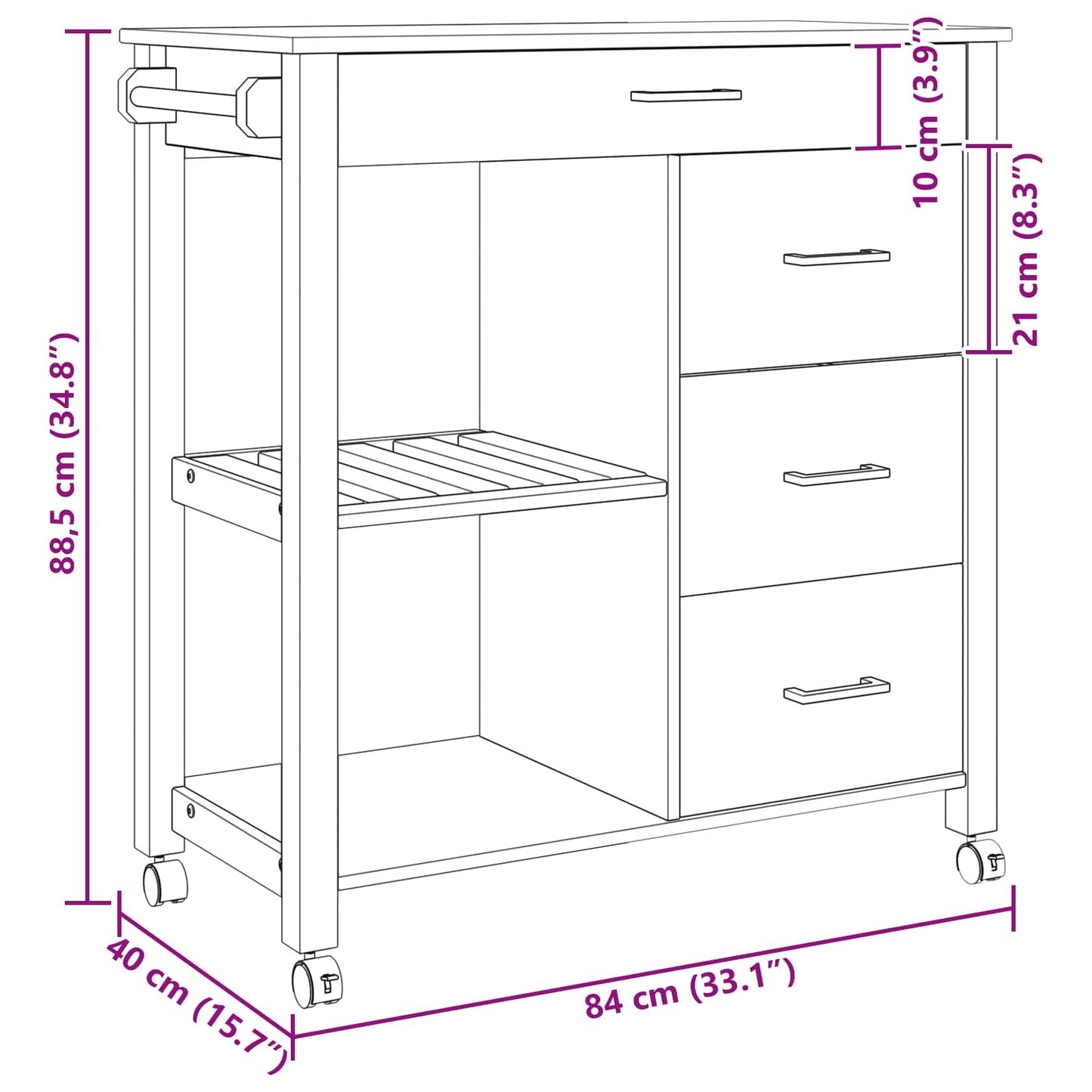 Kitchen Trolley MONZA Black 84 x 40 x 88.5 cm Solid Pine Wood