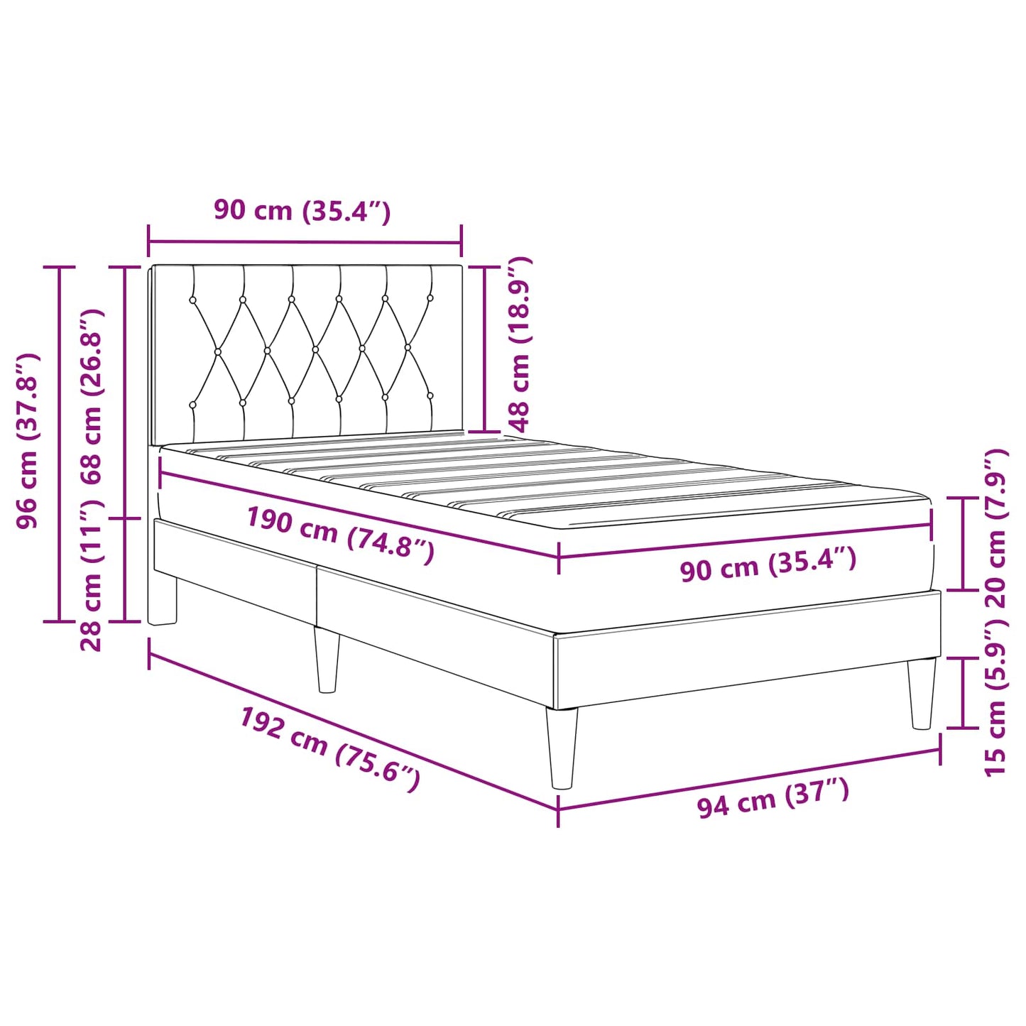 Bed Frame with Mattress with Headboard Black 90 x 190 cm Velvet