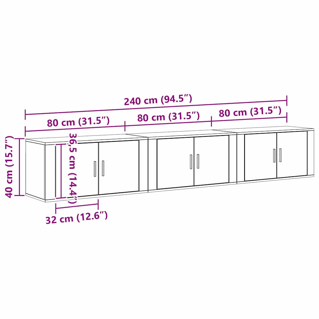 Wall-mounted TV Cabinet Set 3 pcs Black Oak Engineered Wood