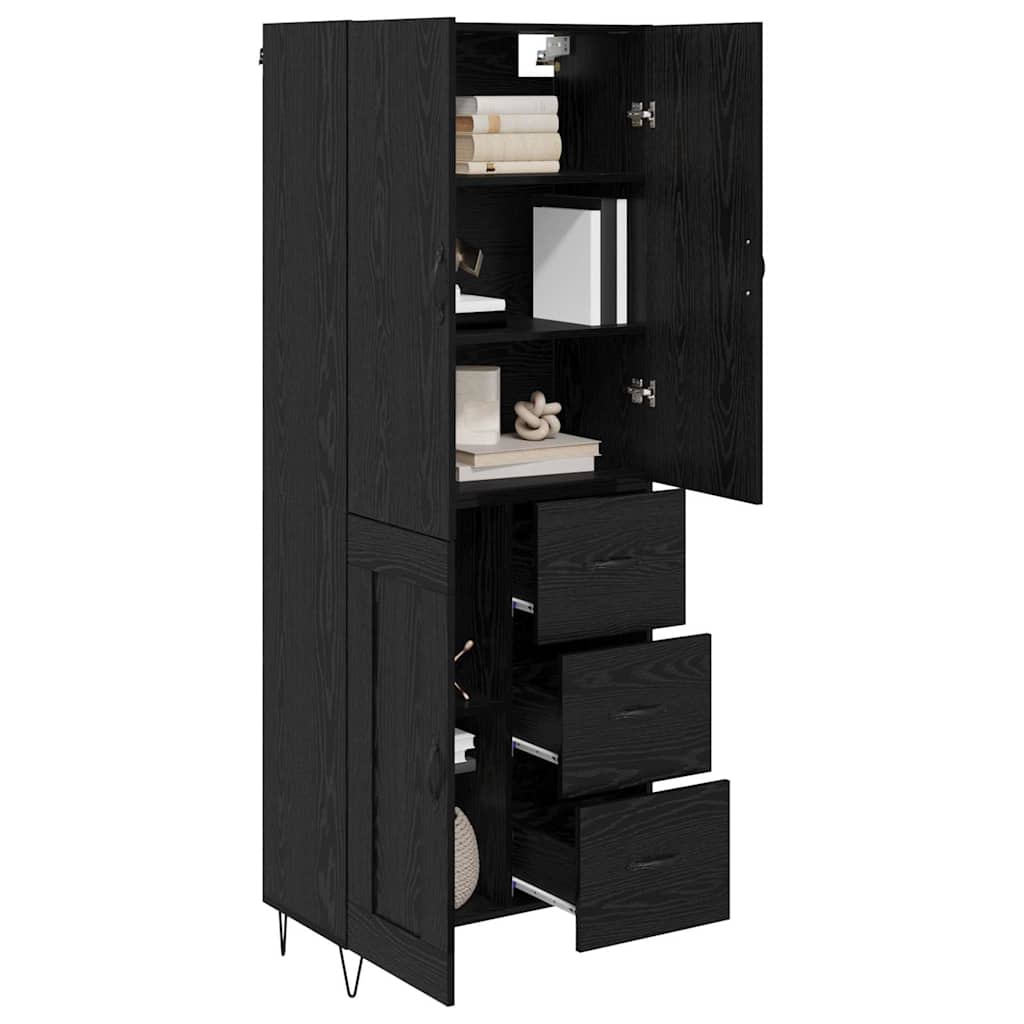 Highboard with Drawer 2 pcs Black Oak Engineered Wood and Glass
