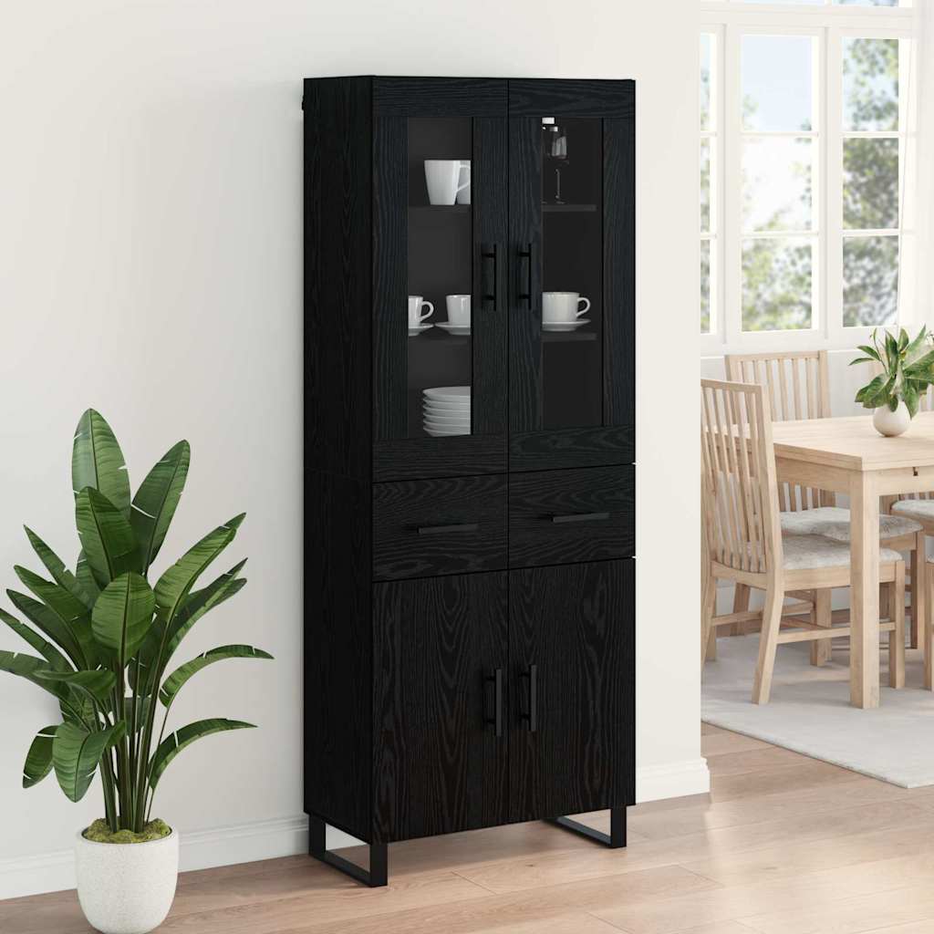 Highboard with Drawer 2 pcs Black Oak Engineered Wood and Glass