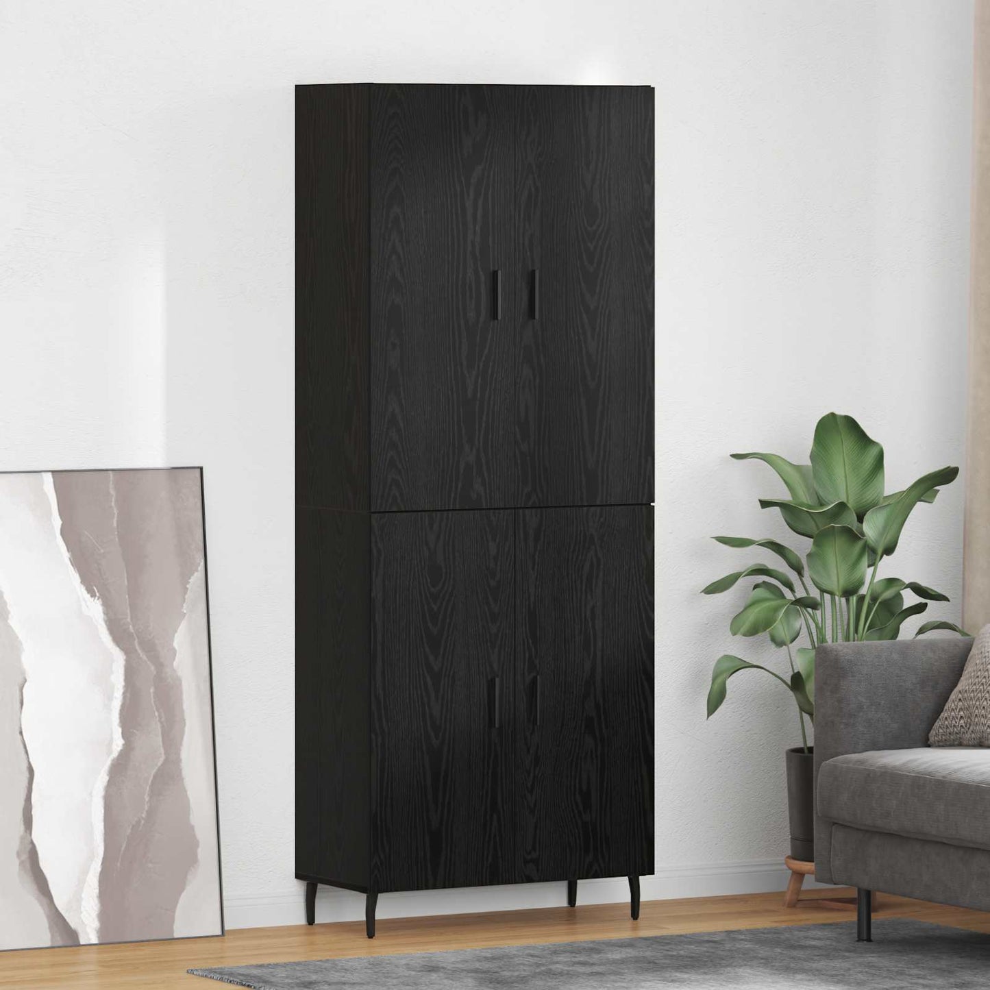 Highboard 2 pcs Black oak Engineered Wood and Glass