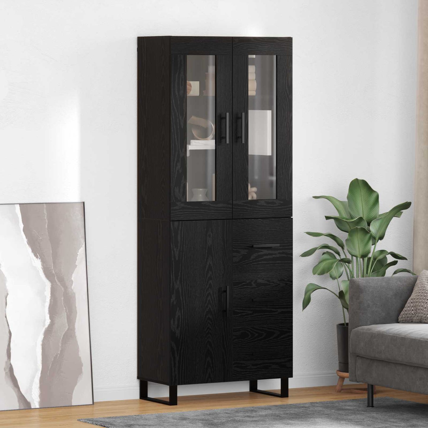 Highboard with Drawer 2 pcs Black Oak Engineered Wood and Glass