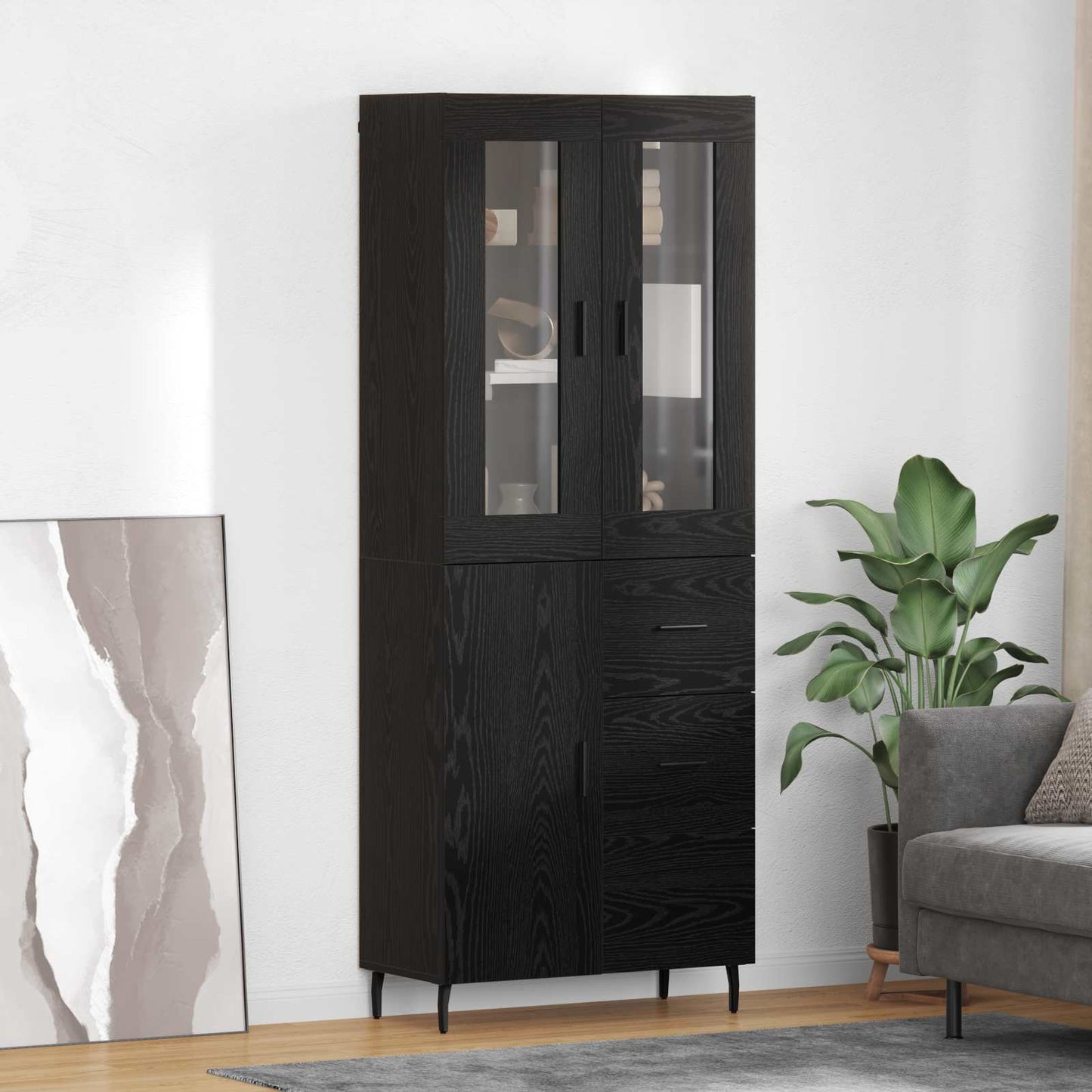 Highboard with Drawer 2 pcs Black Oak Engineered Wood