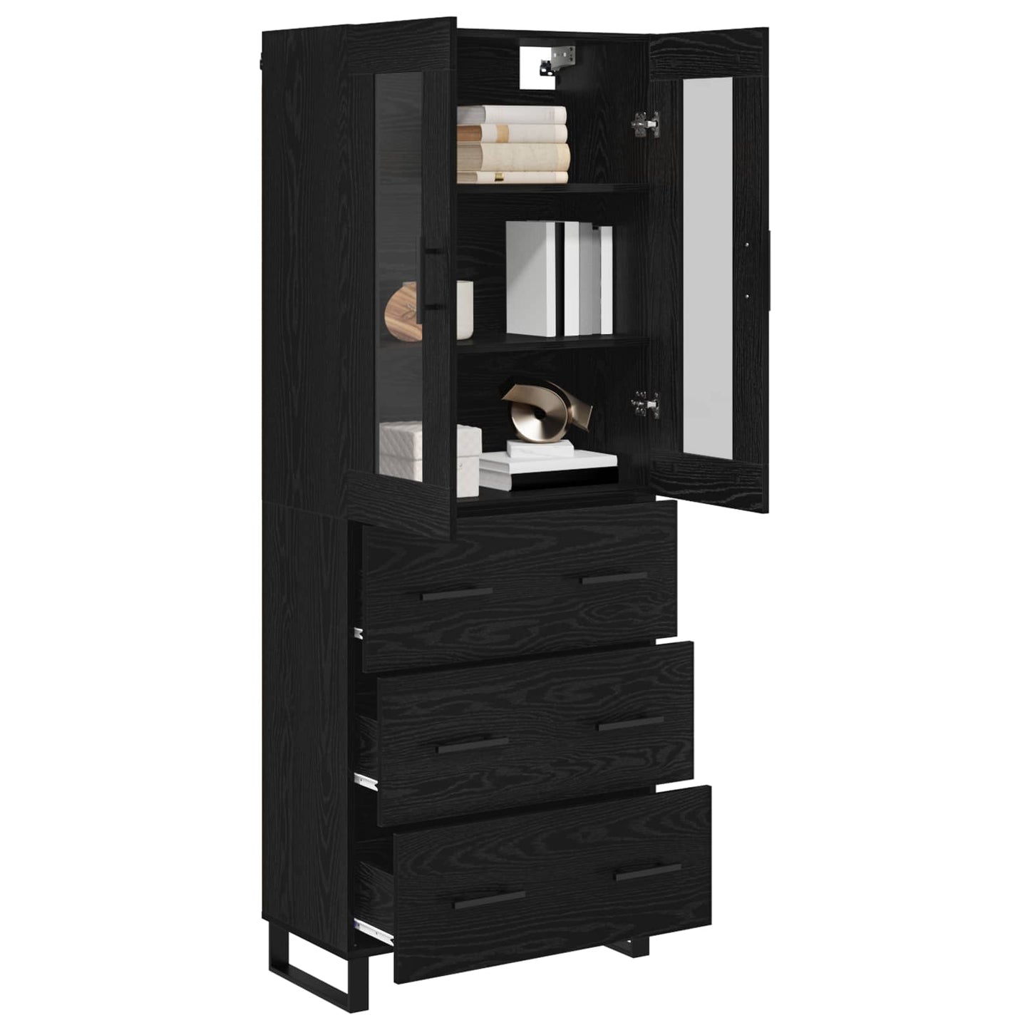 Highboard with Drawer 2 pcs Black Oak Engineered Wood and Glass