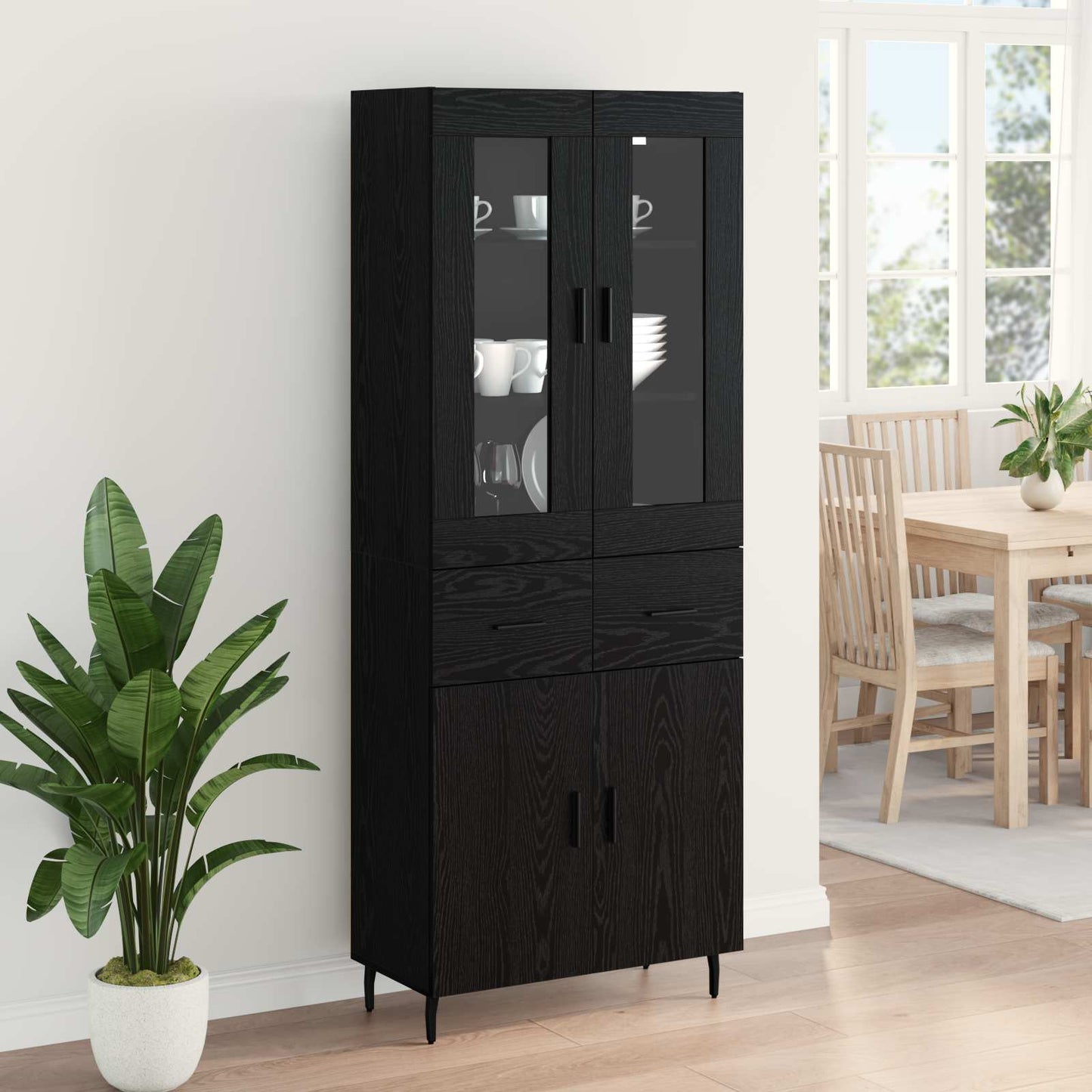 Highboard with Drawer 2 pcs Black Oak Engineered Wood