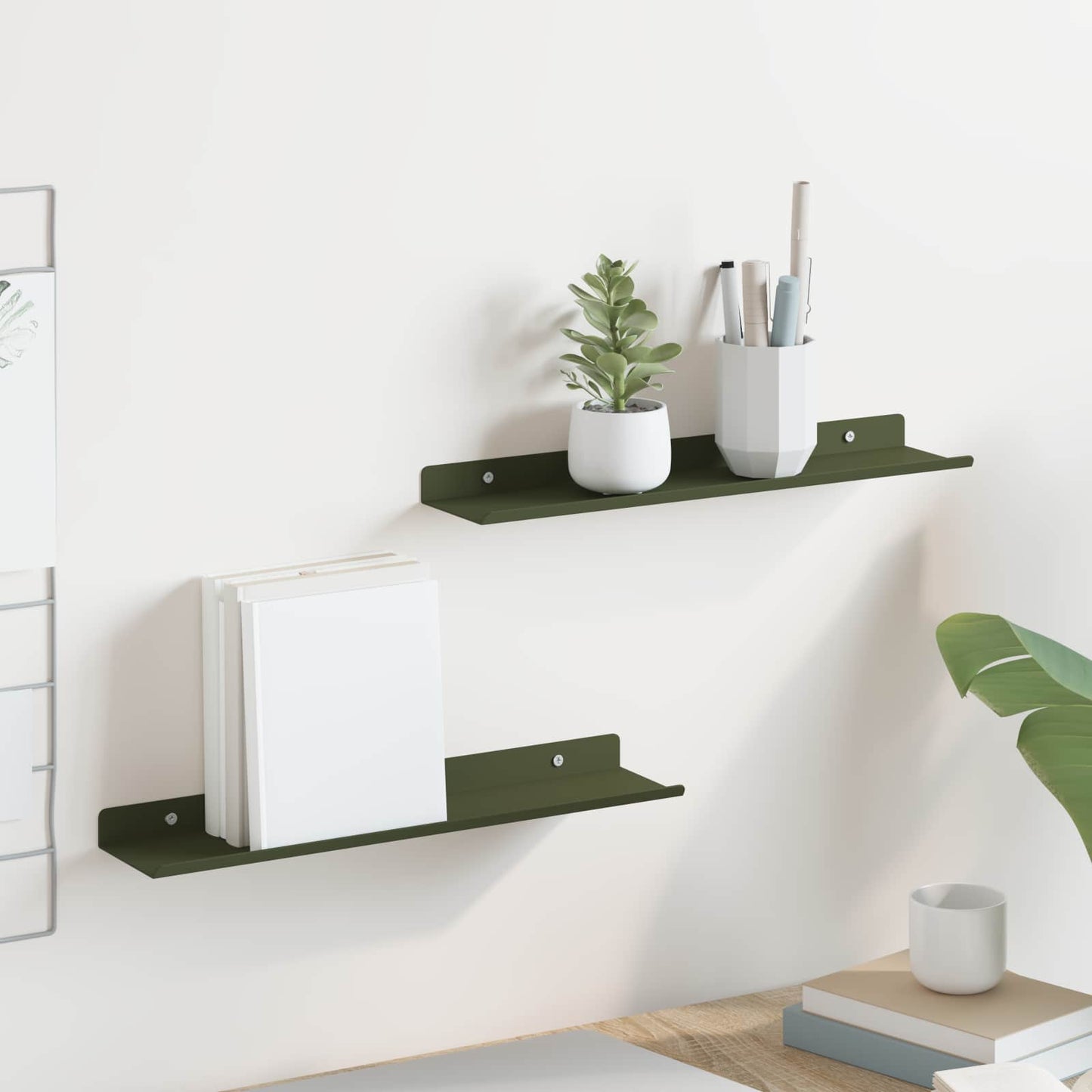 Floating Shelf Wall-Mounted 2 pcs Olive Green 40 x 8.5 x 2.5 cm