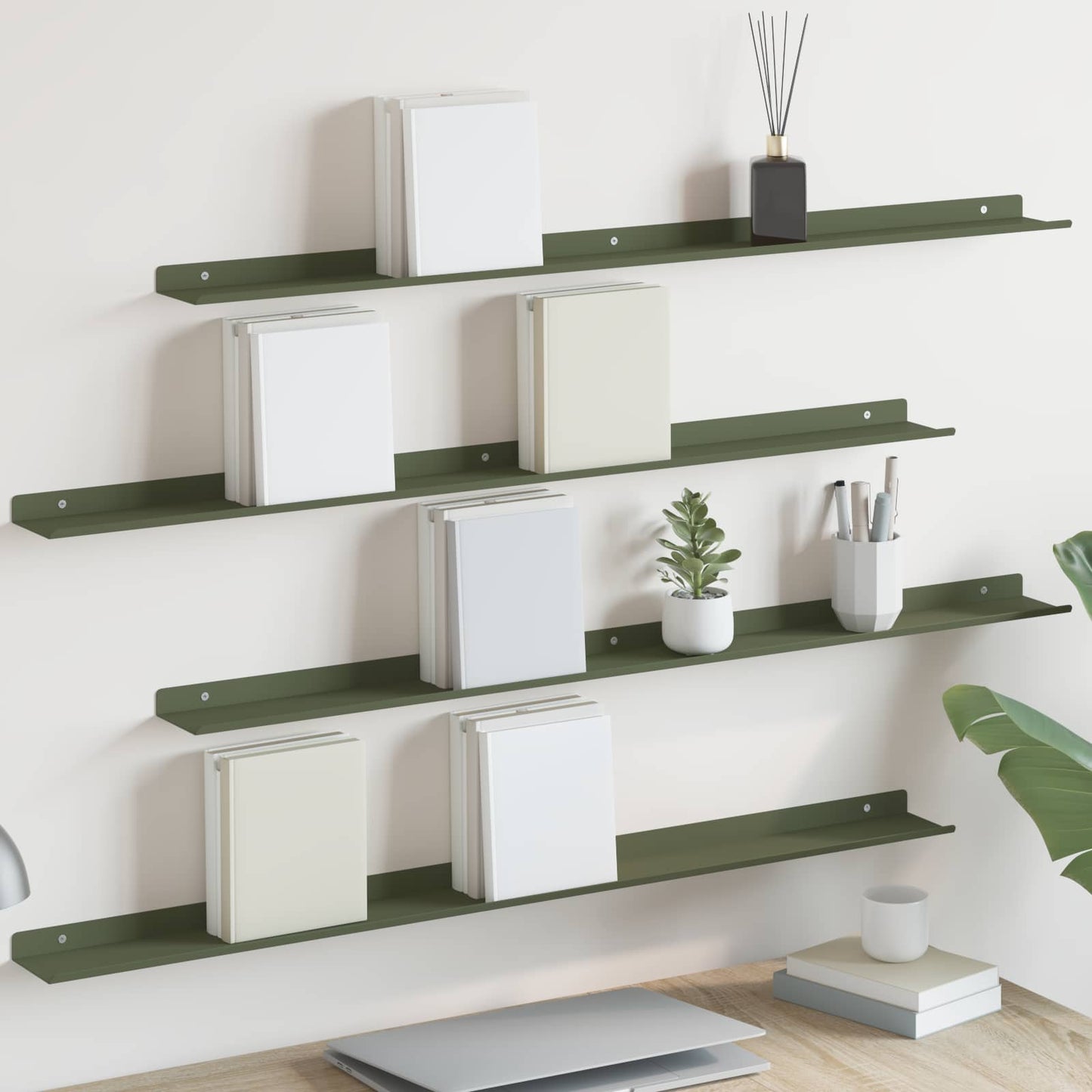 Floating Shelf 4 pcs Olive Green 100 x 9 x 2.5 cm Steel