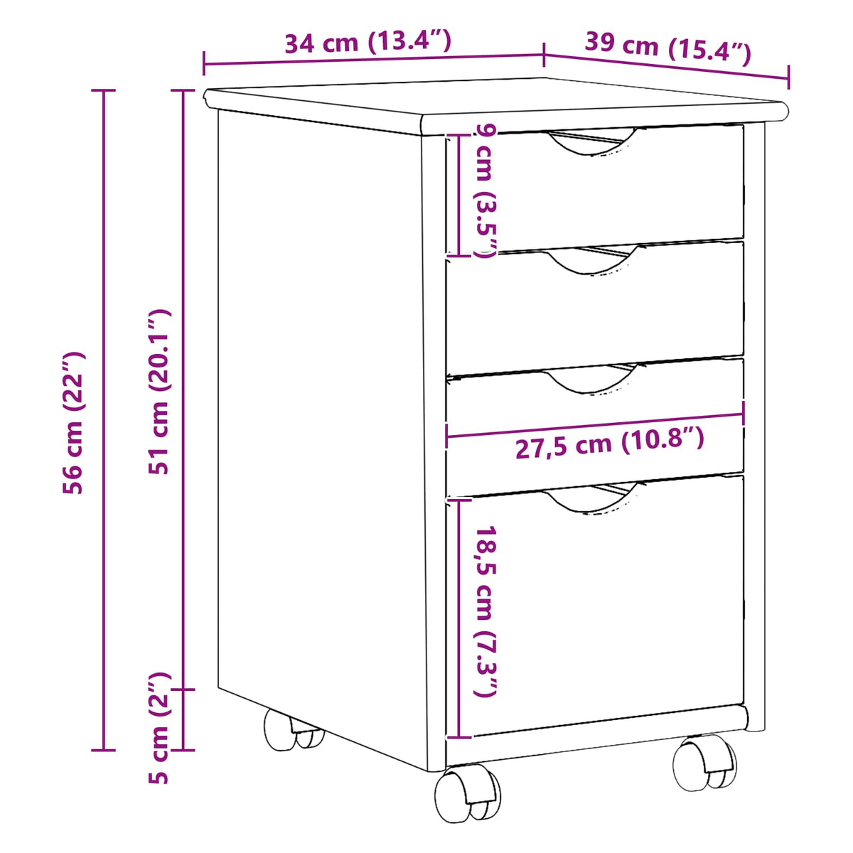 Rolling Cabinet with Wheel Grey 34 x 39 x 56 cm Solid Pine Wood