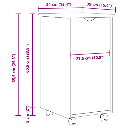 Rolling Cabinet Black 34 x 39 x 65.5 cm Solid Pine Wood