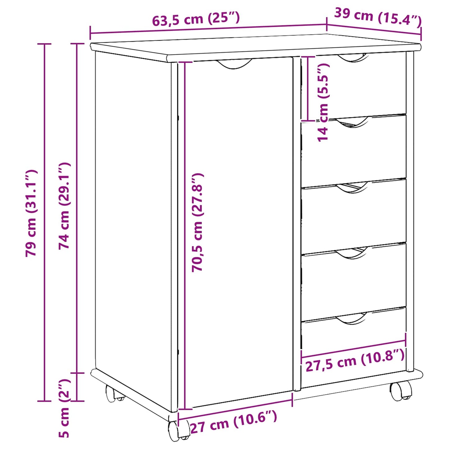 Rolling Cabinet Honey Brown 63.5 x 39 x 79 cm Solid Pine Wood