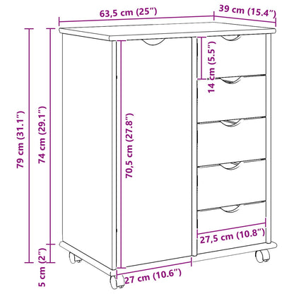 Rolling Cabinet Honey Brown 63.5 x 39 x 79 cm Solid Pine Wood