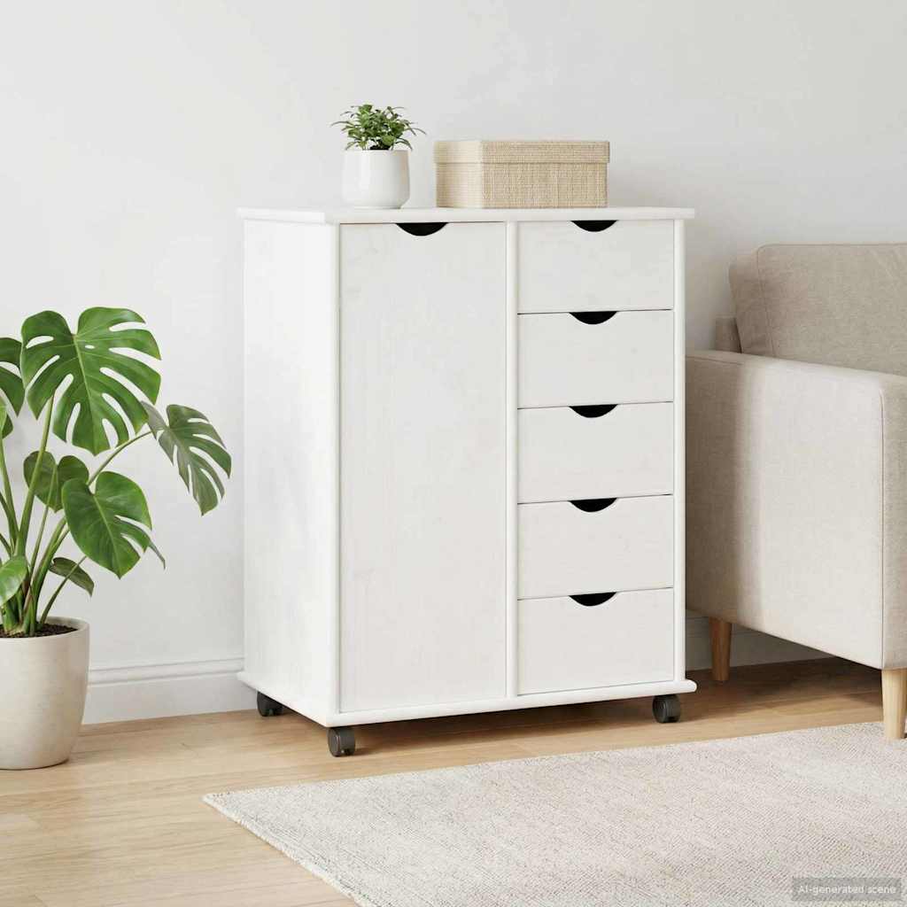 Rolling Cabinet White 63.5 x 39 x 79 cm Solid Pine Wood