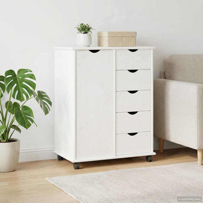 Rolling Cabinet White 63.5 x 39 x 79 cm Solid Pine Wood